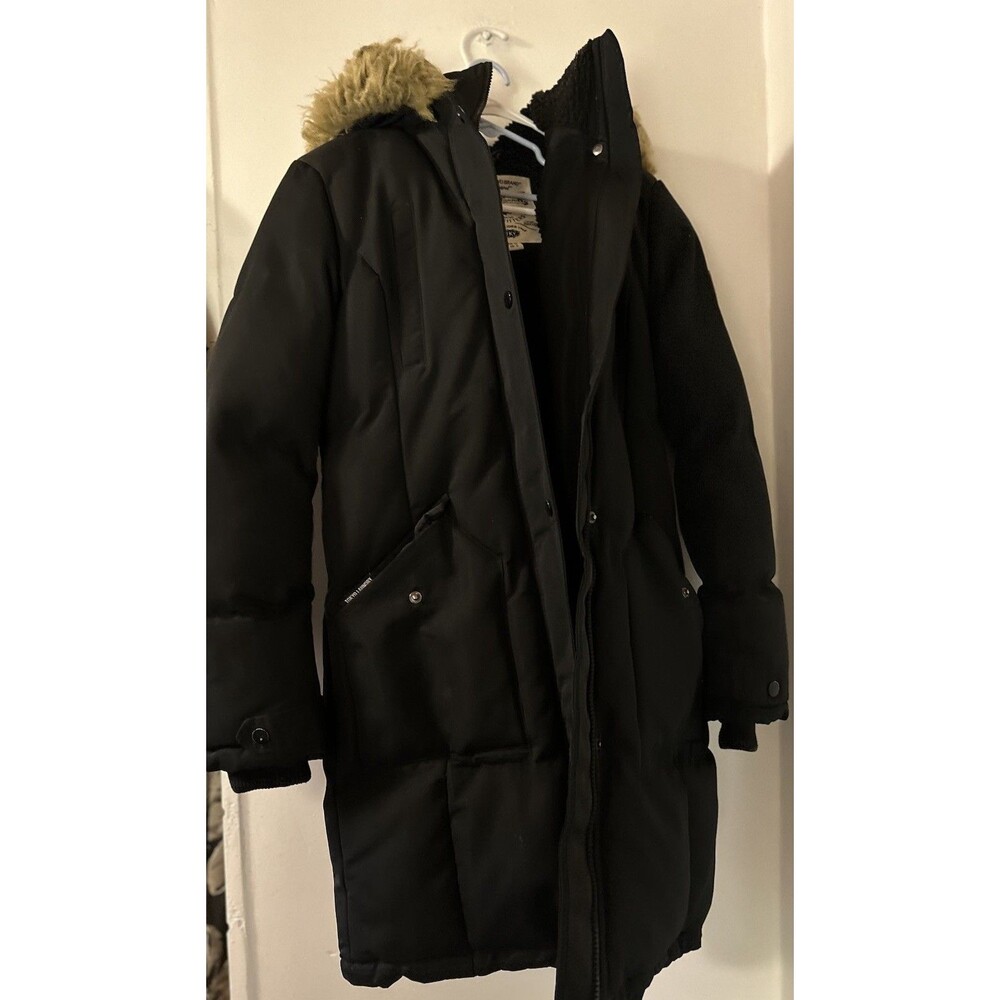 Tokyo Laundry Women’s Black Heavy Parka Coat With Faux Fur Hood Trim SZ SM Warm